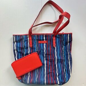 Vera Bradley large Preppy Poly Purse‎ Matching Wallet Orange Blue Stripes Zipper